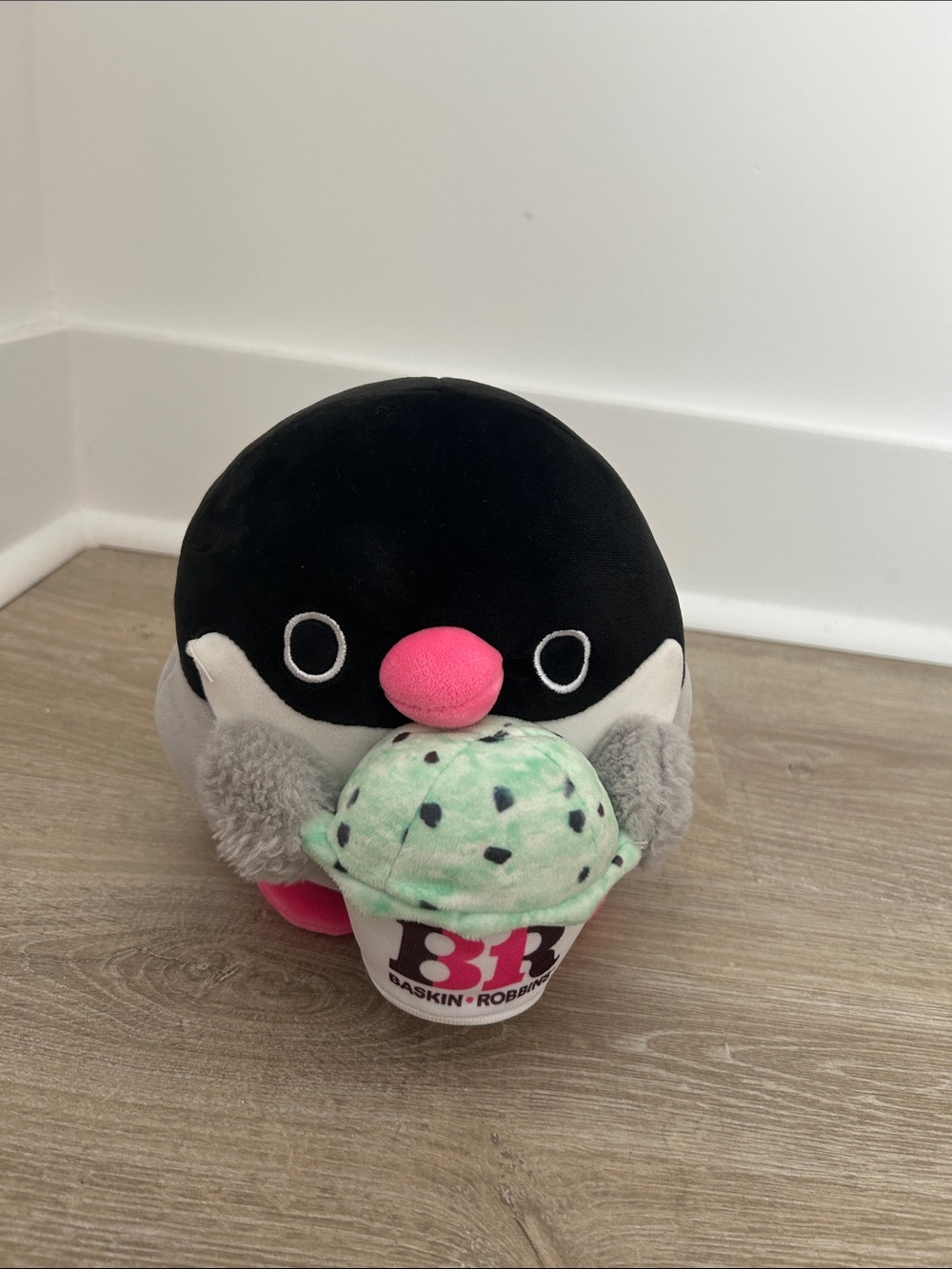Plush Penguin Bird Toy with Mint Scoop - Black, Pink & Green